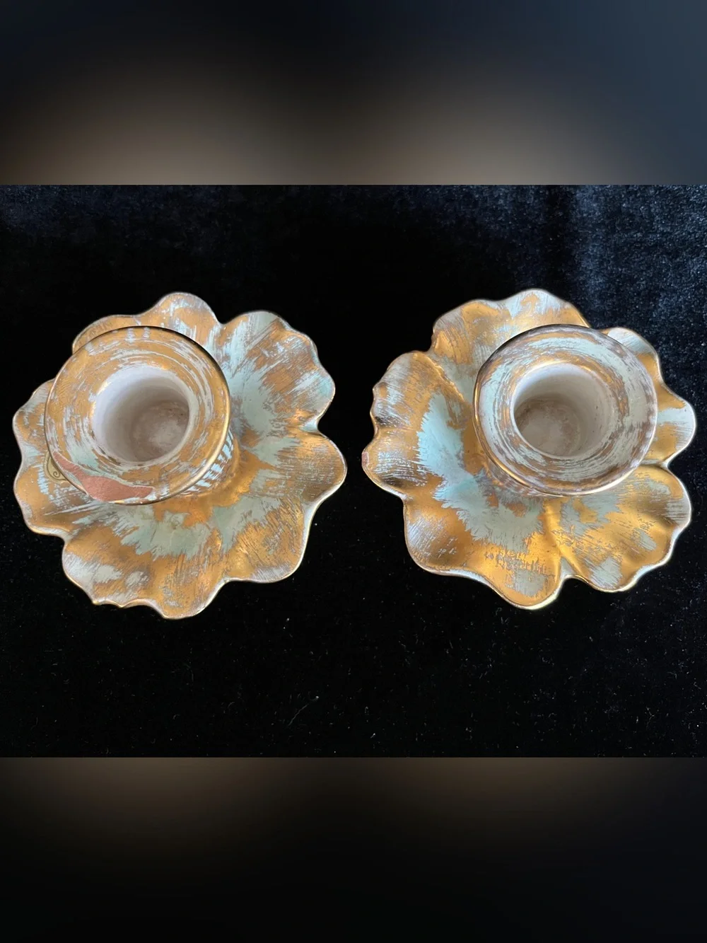 2 Vintage MCM Stangl PAIR Aqua Green  & 23k Gold Candlesticks, 5138 Pottery READ